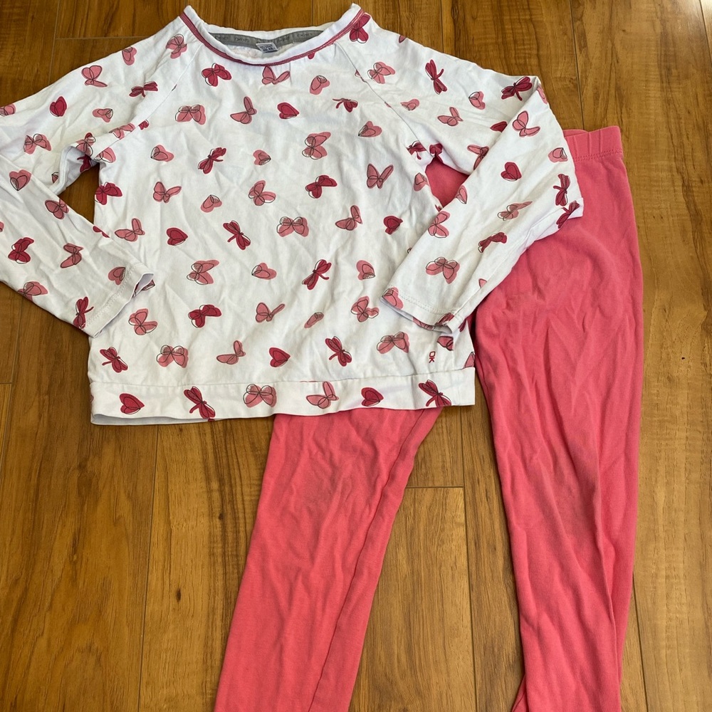 Okaidi girls pajama set. Size 8 years old. Runs snug. Butterfly and heart design